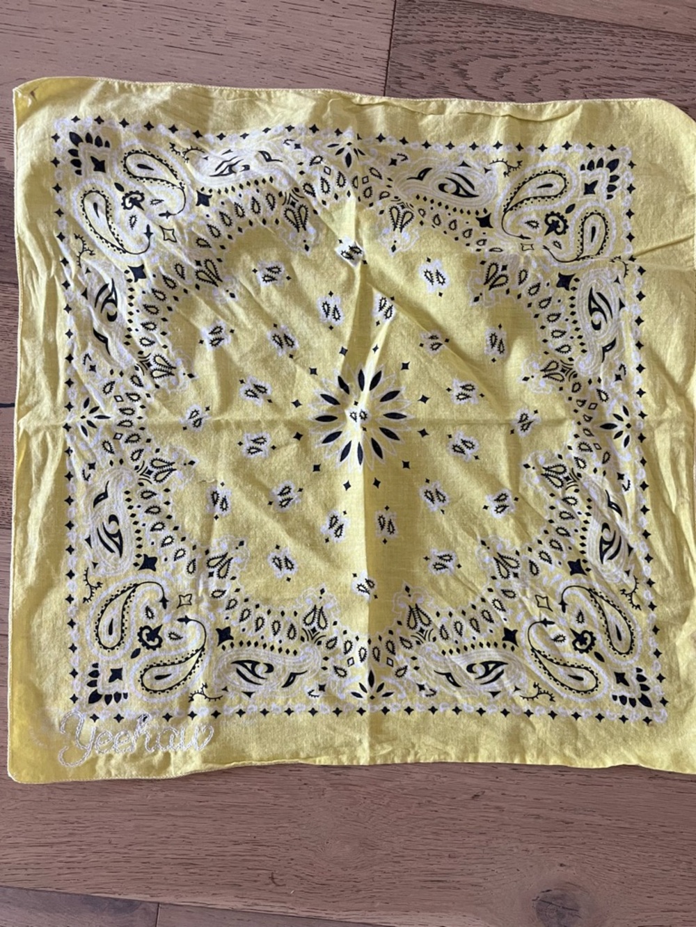 Vintage light yellow cotton embroidered “yeehaw” bandana